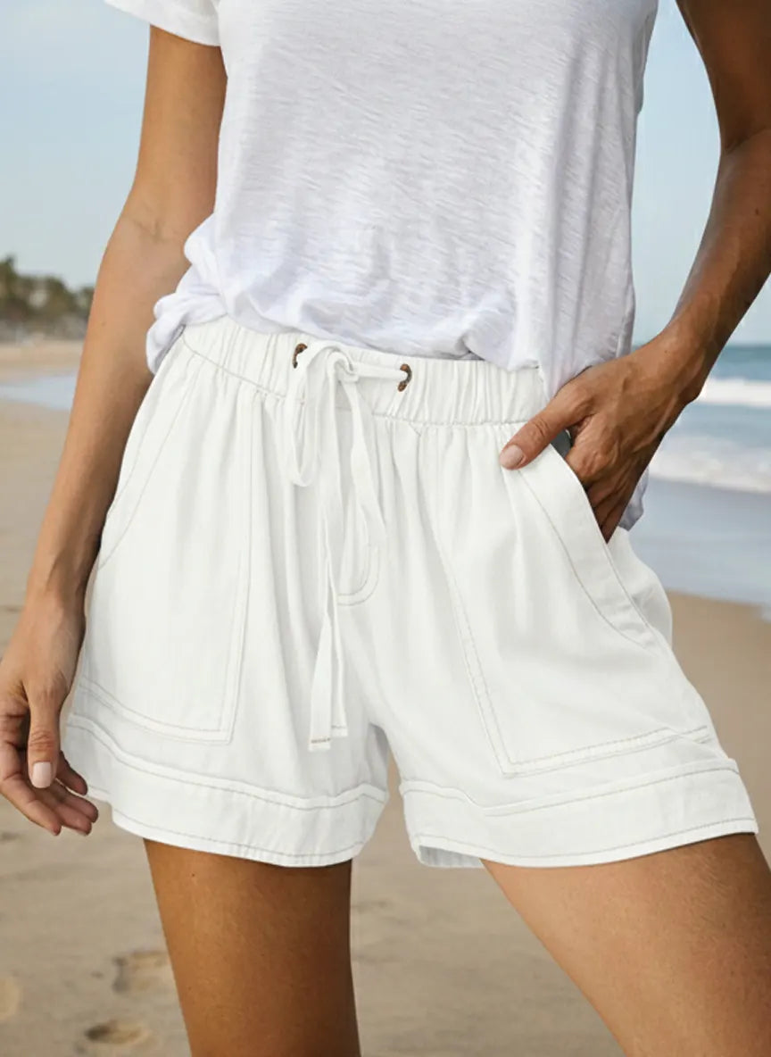 Solid Color Elastic Waist Pockets Denim Shorts