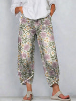 Retro Floral Print Pockets Casual Denim Pants