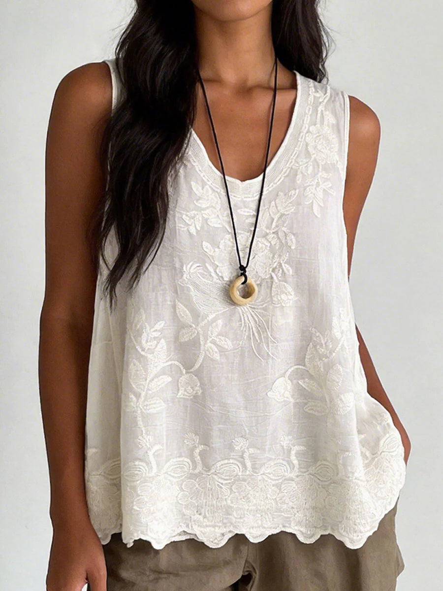 Vintage Plain Lace Floral Sleeveless Casual Vest Top