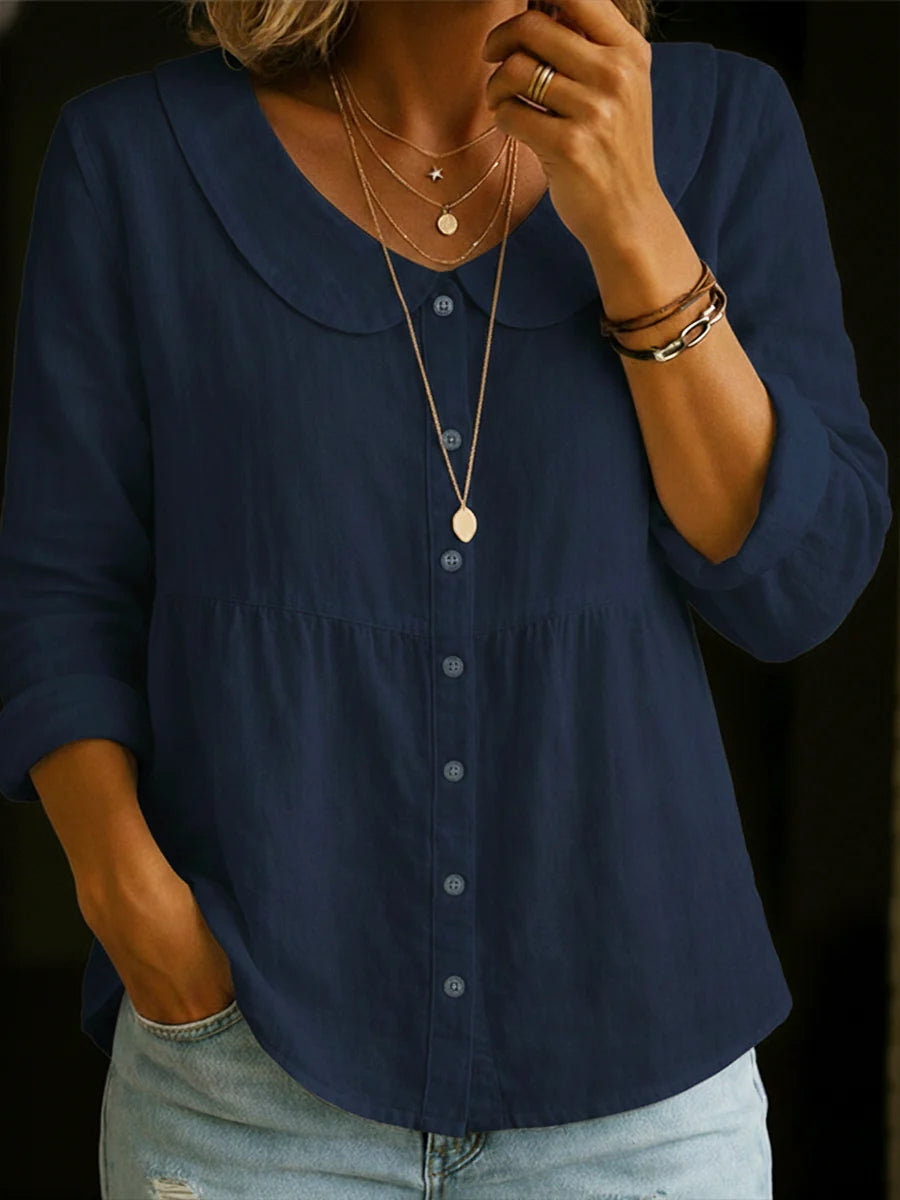 Solid Color Peter Pan Collar Long Sleeve Casual Shirt