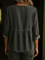 Plain V-neck Long Sleeve Buttons Denim Shirt