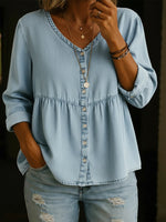 Plain V-neck Long Sleeve Buttons Denim Shirt