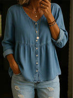Plain V-neck Long Sleeve Buttons Denim Shirt