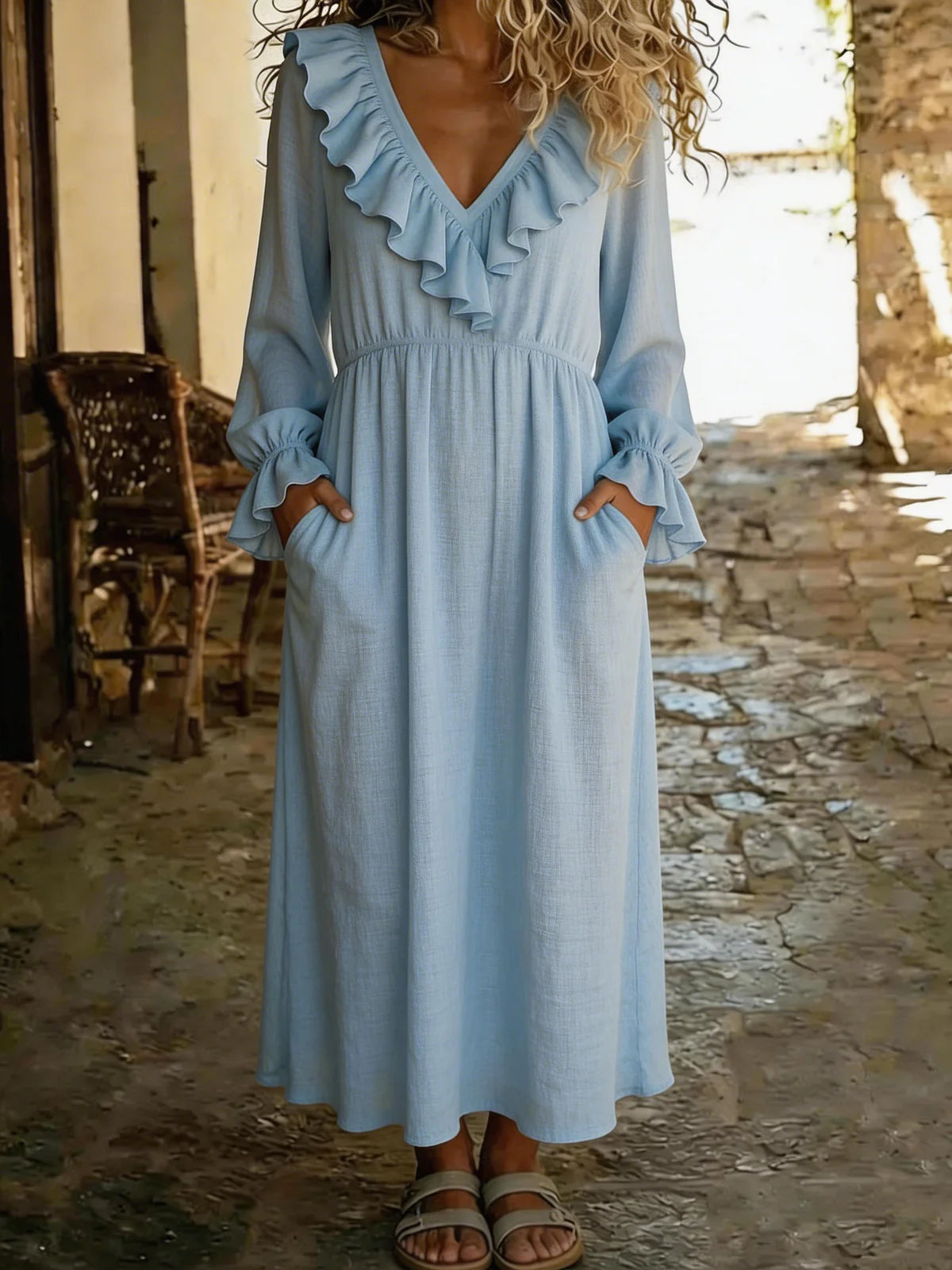 Solid Color V-neck Ruffled Long Sleeve Casual Loose Maxi Dress