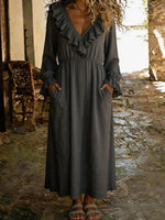 Solid Color V-neck Ruffled Long Sleeve Casual Loose Maxi Dress