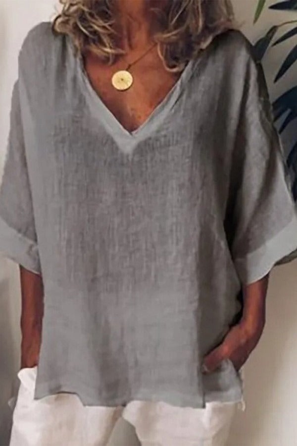 Grey V Neck Solid 3/4 Sleeves Casual Blouse