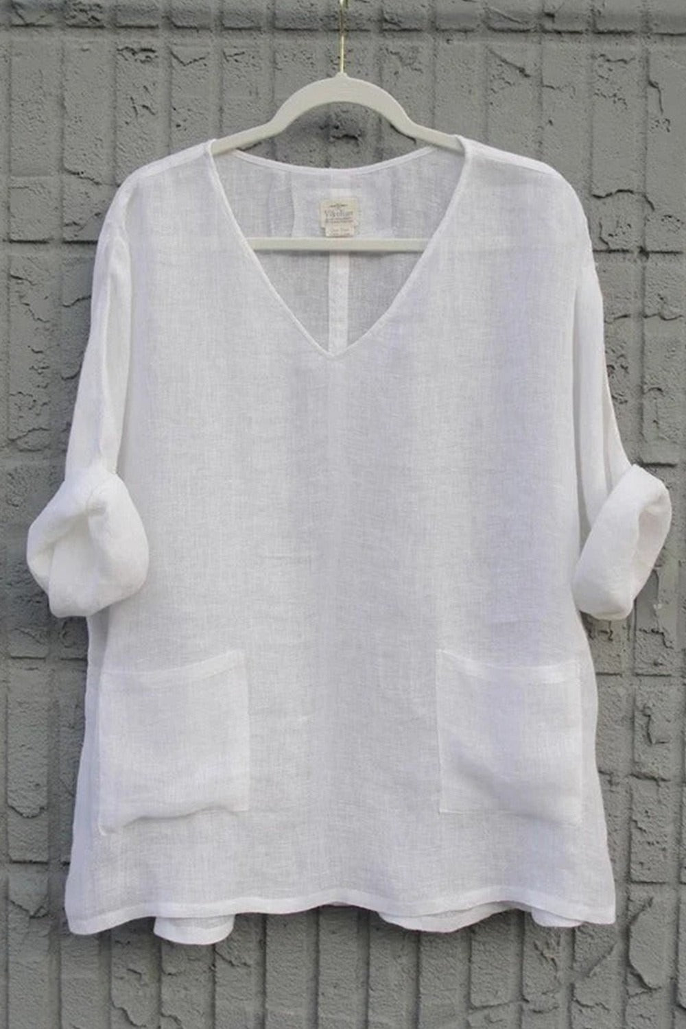 White V Neck Solid Long Sleeve Loose Casual Blouse