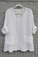 White V Neck Solid Long Sleeve Loose Casual Blouse
