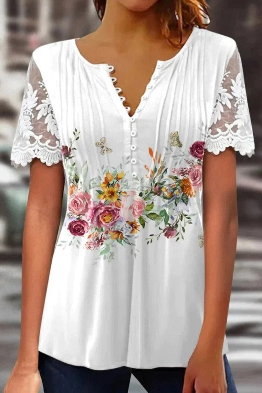V-Neck Lace Graphic Floral Printed Short Sleeves Tops