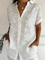Women Shirt Collar Short Sleeve Floral Embossed Loose Button Up Shirt