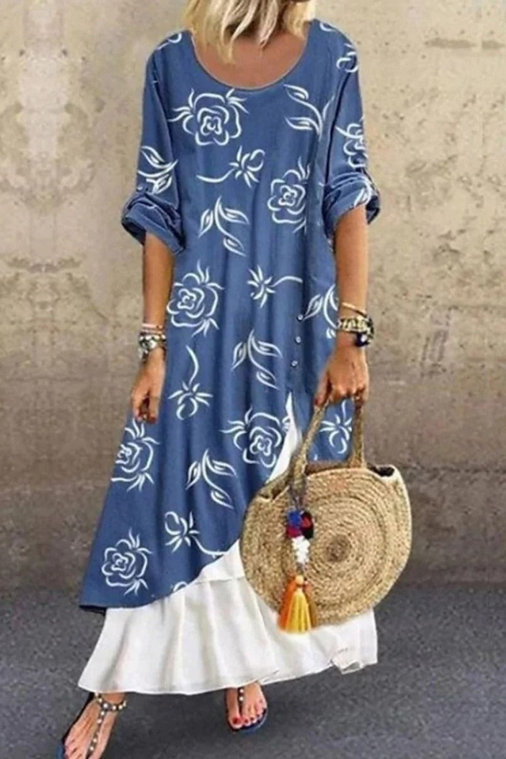 Round Neck Floral Print Long Sleeves Midi Dress
