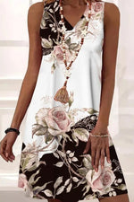 V Neck Floral Print Sleeveless Short Dresses