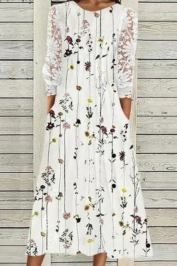 White Round Neck Floral Print Side Pocket 3/4 Sleeves Midi Dresses