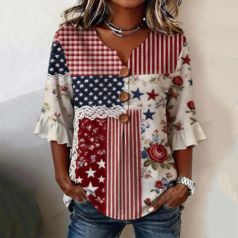 Women's Casual Independence Day American Flag Striped Patchwork Floral Print Shirt