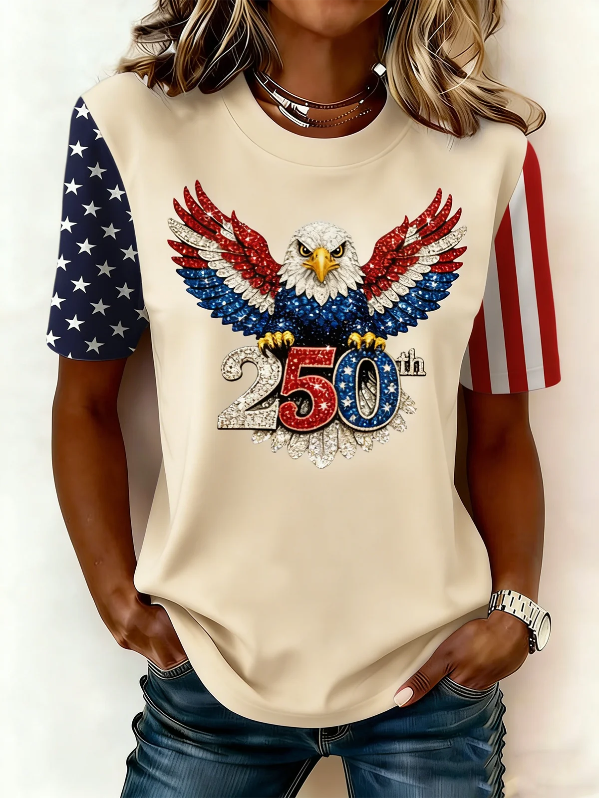 Women's Independence Day America 250th Anniversary Eagle Graphic Crew Neck T-Shirt