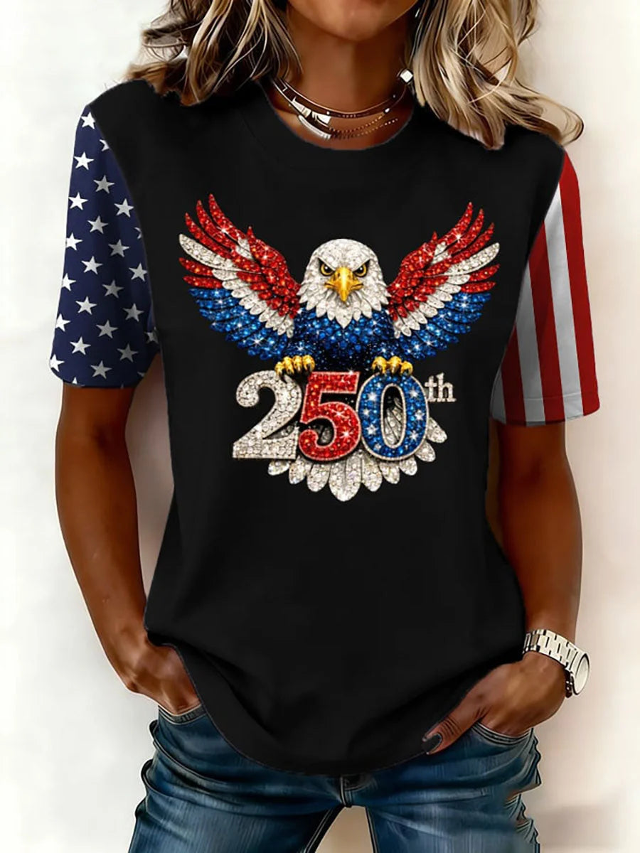 Women's Independence Day America 250th Anniversary Eagle Graphic Crew Neck T-Shirt