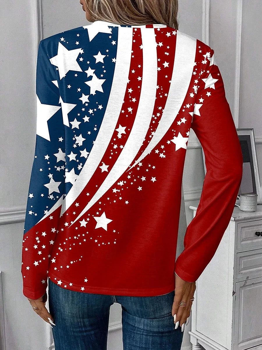 Women's Independence Day American Flag Print V-Neck Long Sleeve T-Shirt