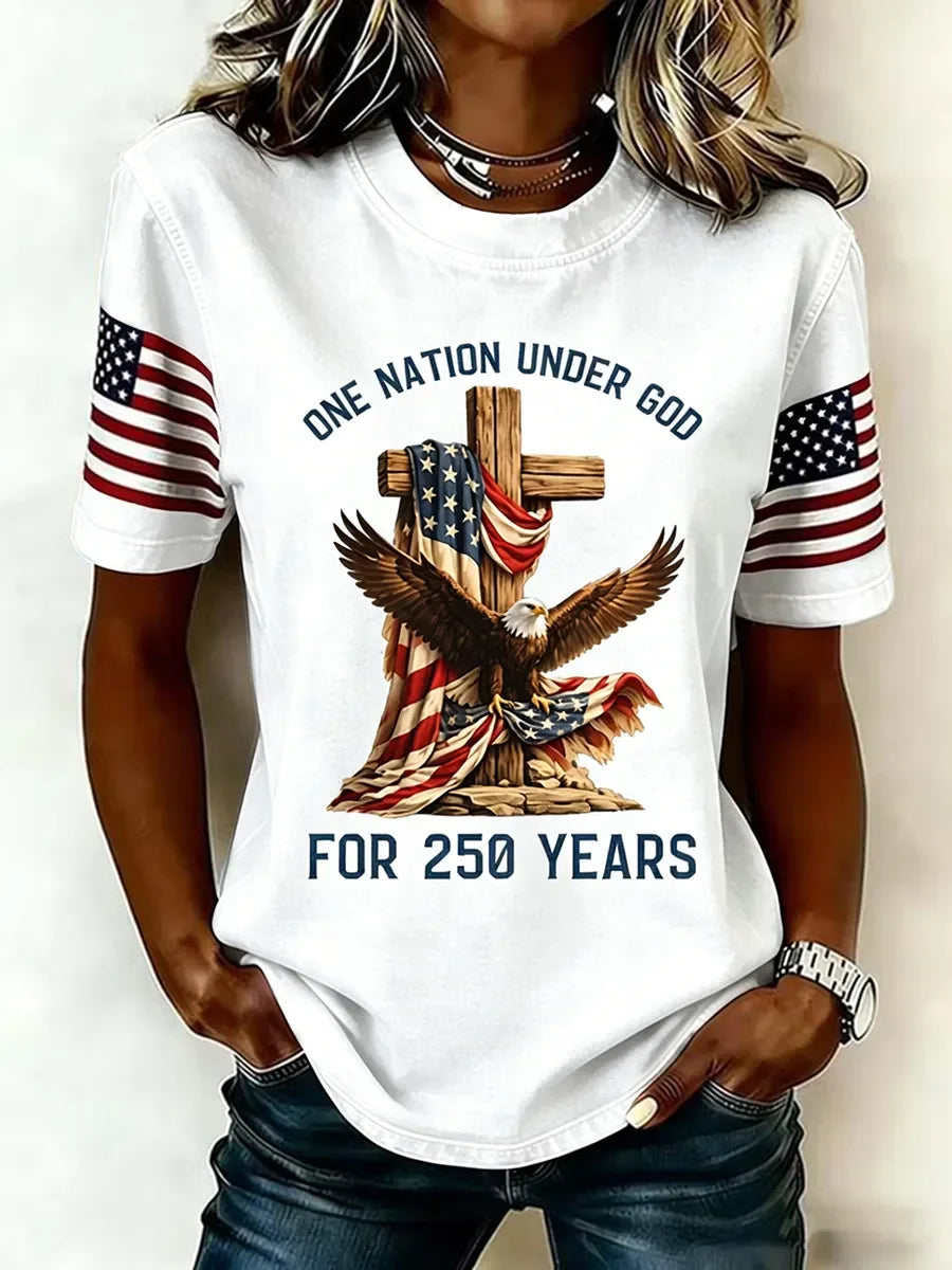 Women's Patriotic Eagle Cross Graphic Crew Neck T-Shirt