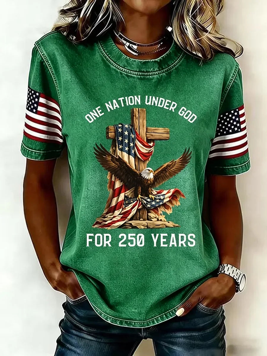 Women's Patriotic Eagle Cross Graphic Crew Neck T-Shirt
