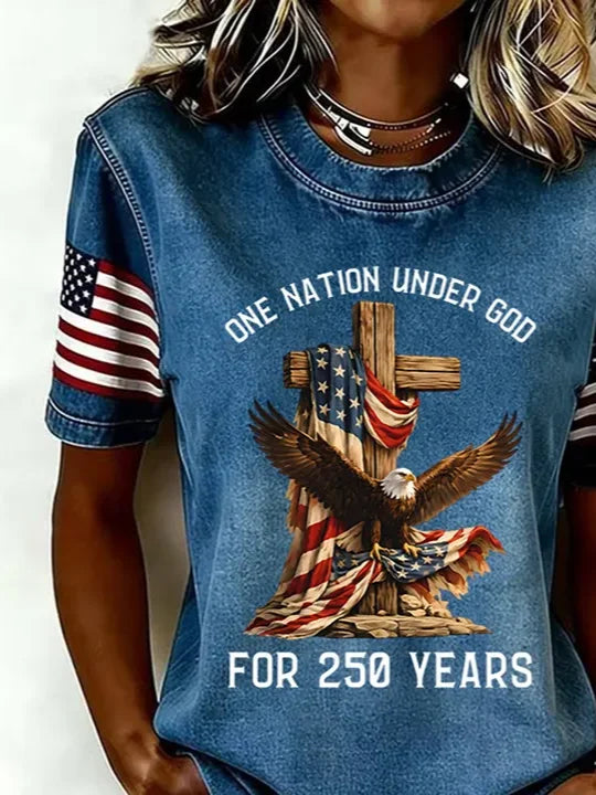 Women's Patriotic Eagle Cross Graphic Crew Neck T-Shirt