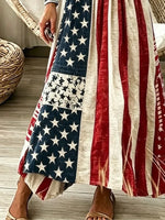 Vintage American Flag Print V-Neck Short Sleeve A-Line Maxi Dress