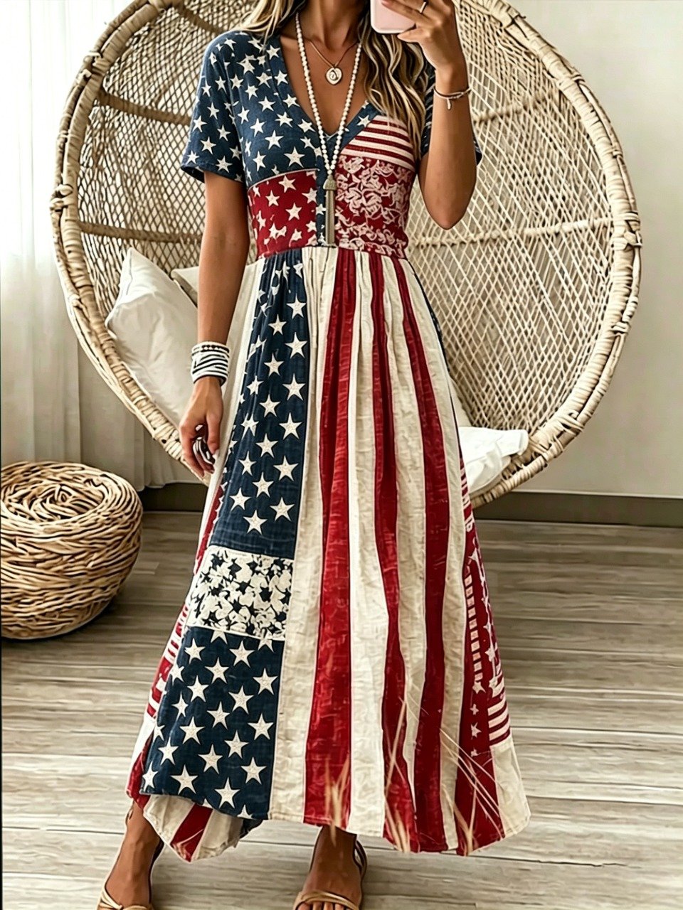 Vintage American Flag Print V-Neck Short Sleeve A-Line Maxi Dress