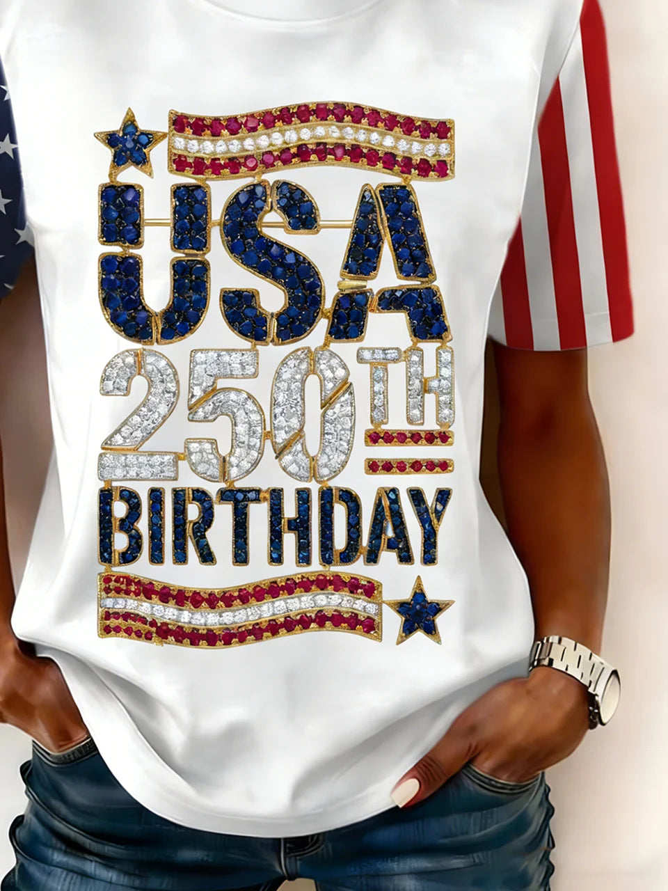 USA 250th Birthday American Flag Print Crew Neck Short Sleeve T-Shirt
