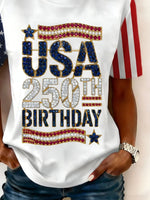 USA 250th Birthday American Flag Print Crew Neck Short Sleeve T-Shirt