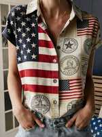 Vintage American Flag & Patriotic Print Sleeveless Button-Up Shirt