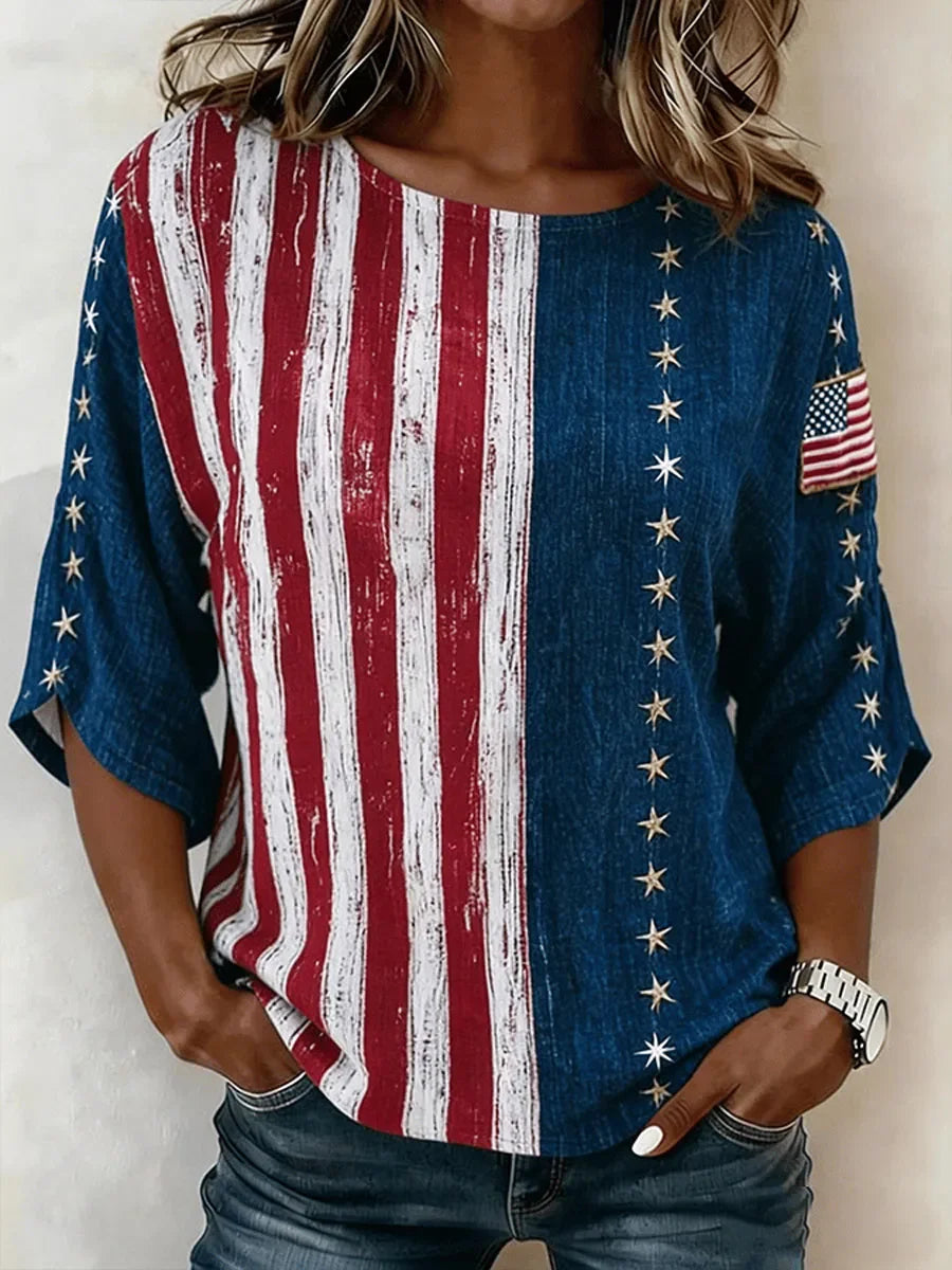 Women's Independence Day American Flag Print Half Sleeves Crew Neck Casual Blouse