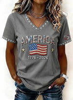 Women's Independence Day American Flag 3D Printing V Neck Short Sleeves Casual T-shirt