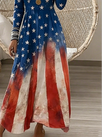 Women American Flag Print Long Sleeve V Neck A-Line Maxi Dress