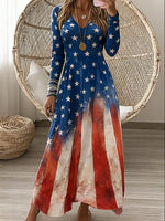 Women American Flag Print Long Sleeve V Neck A-Line Maxi Dress