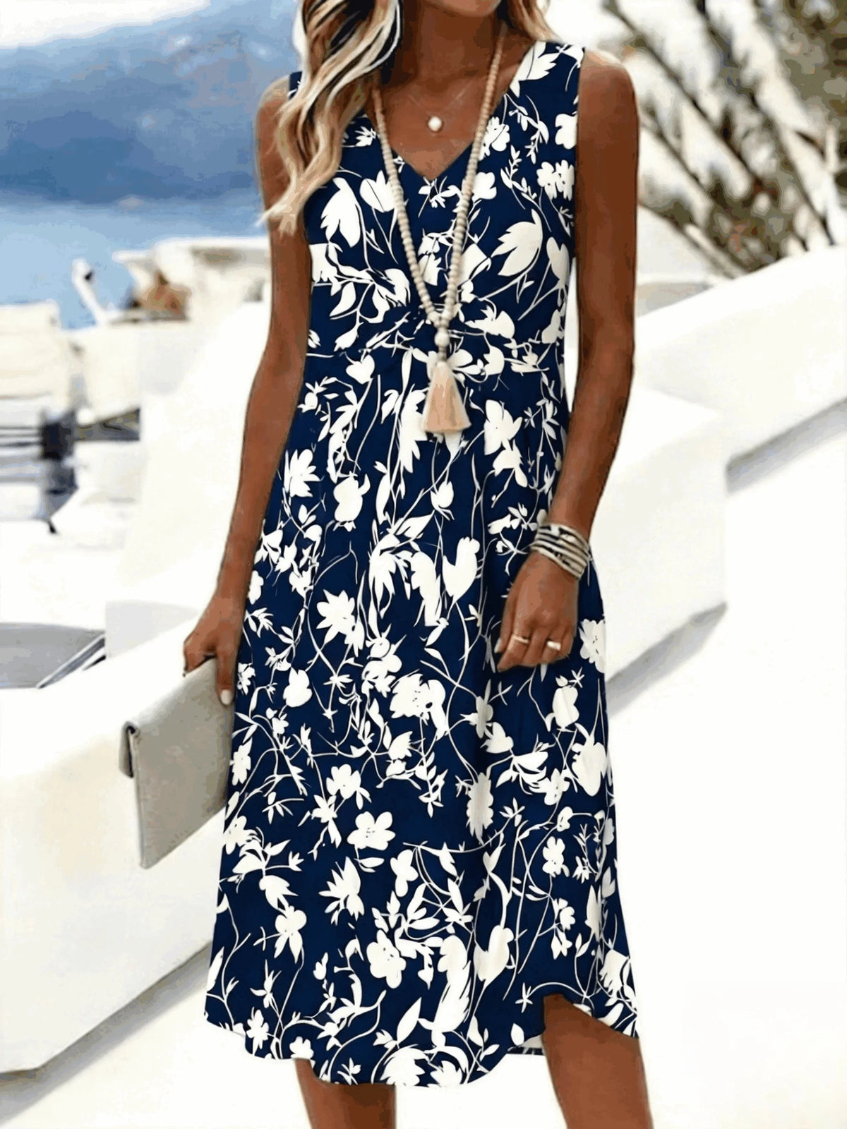 Summer Floral V Neck Sleeveless Loose A-Line Midi Tank Dress For Women