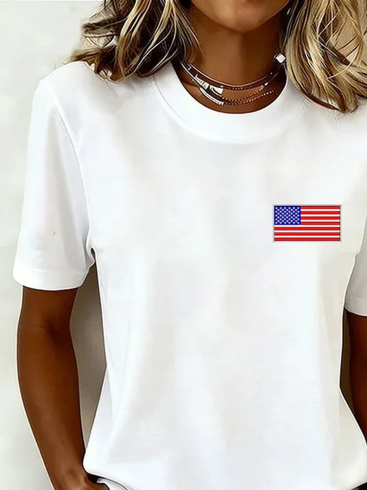Women Independence Day Flag Print Crew Neck Short Sleeve Casual T-shirt