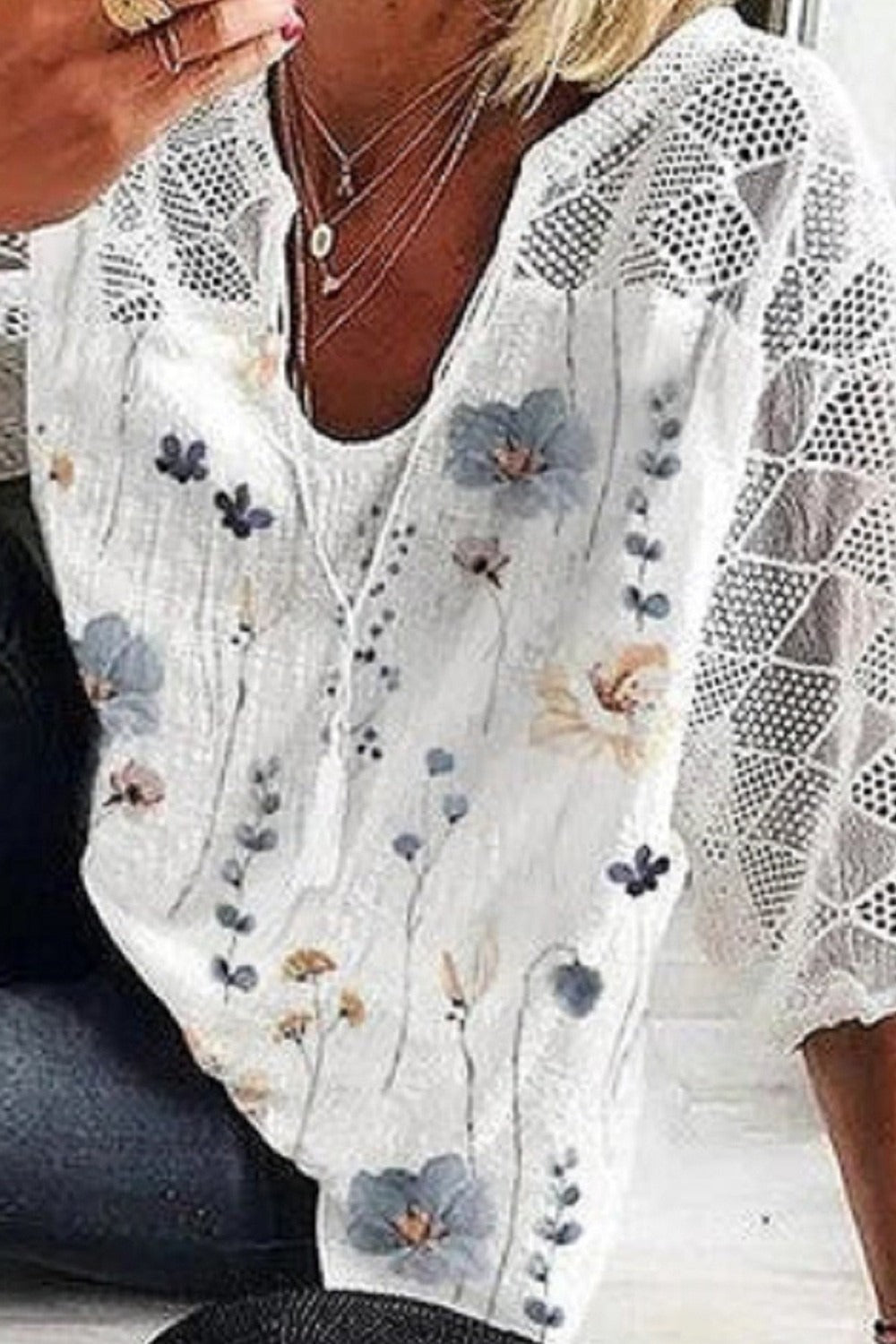 Casual V Neck Floral Print Half Sleeves Loose Blouses