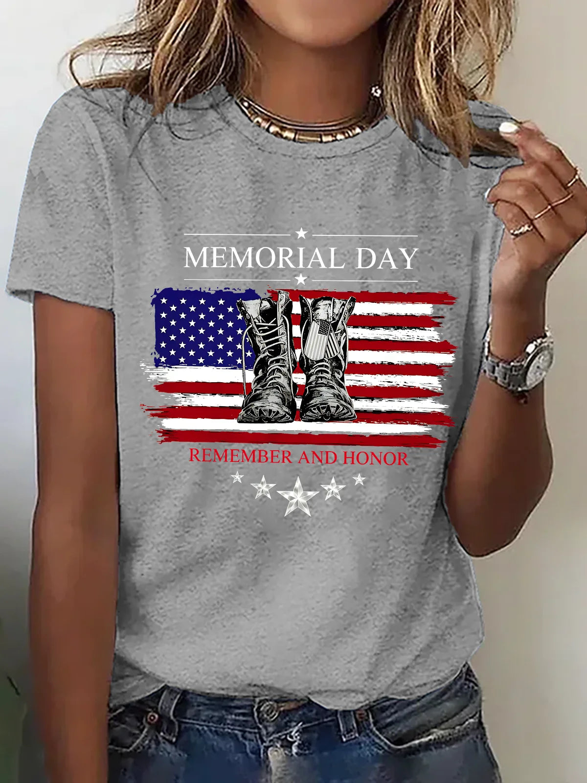 Women Memorial Day Flag Graphic Crew Neck Short Sleeve T-shirt