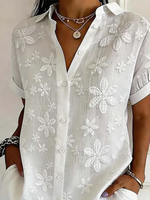 Women Shirt Collar Short Sleeve Floral Embossed Loose Button Up Shirt