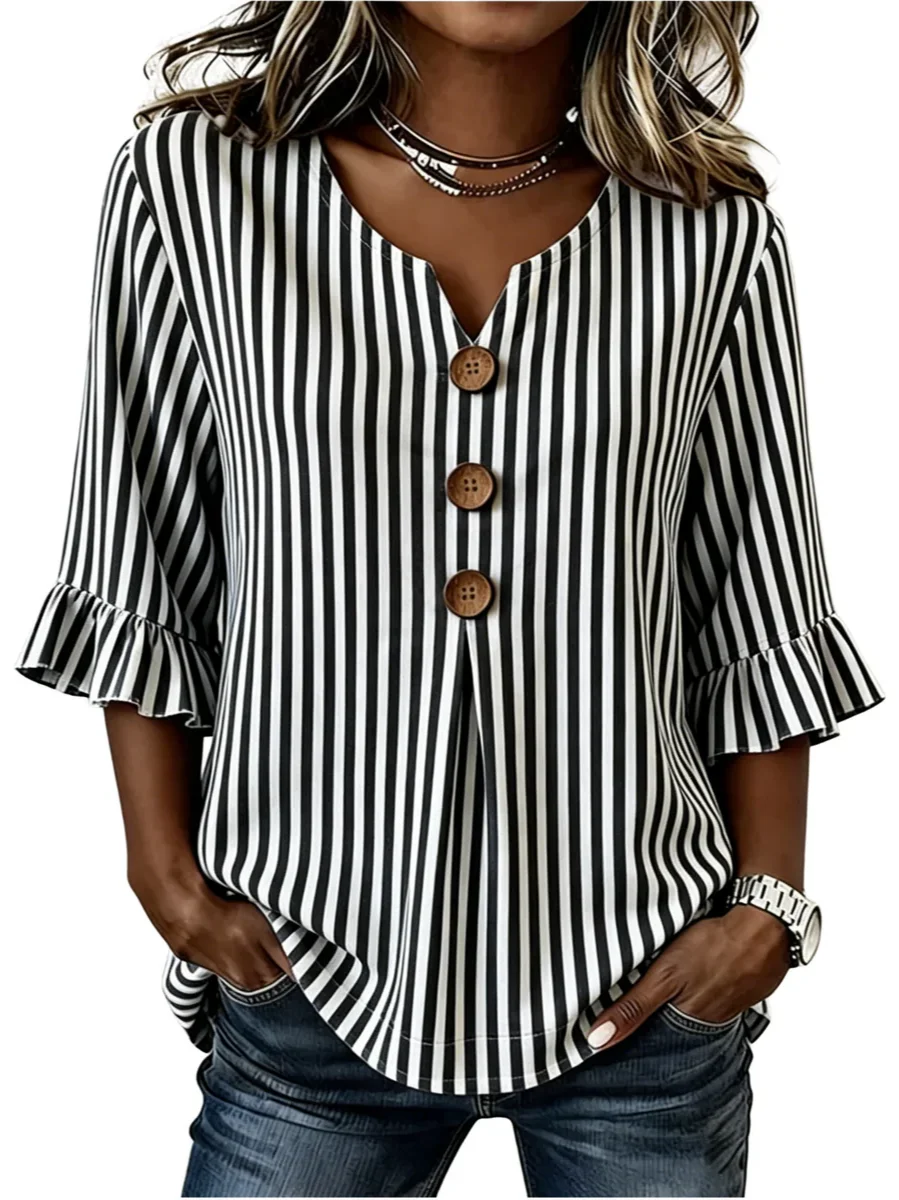 Women V Neck Half Sleeve Striped Ruffle Cuff Casual Blouse