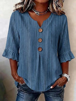 Women V Neck Half Sleeve Textured Stripe Ruffle Cuff Casual Blouse