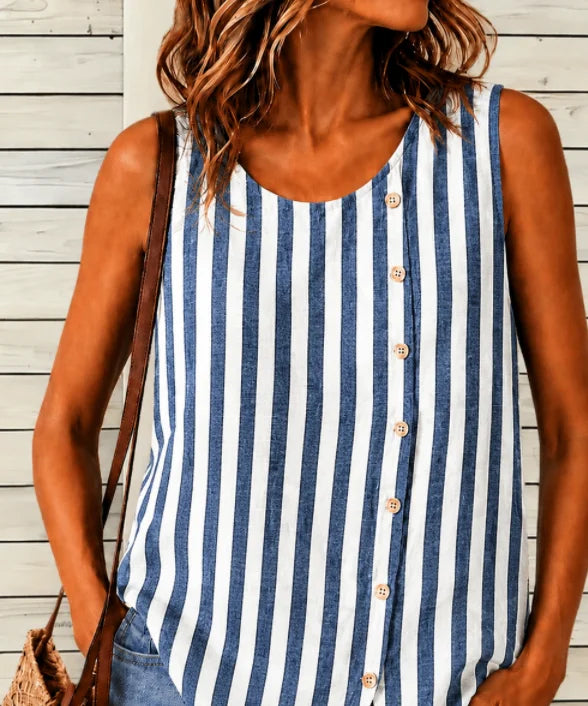 Women Crew Neck Sleeveless Striped Button Front Casual Tank Top