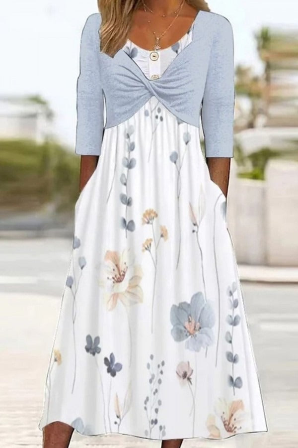 Round Neck Floral Print Side Pocket Half Sleeves Midi Dresses