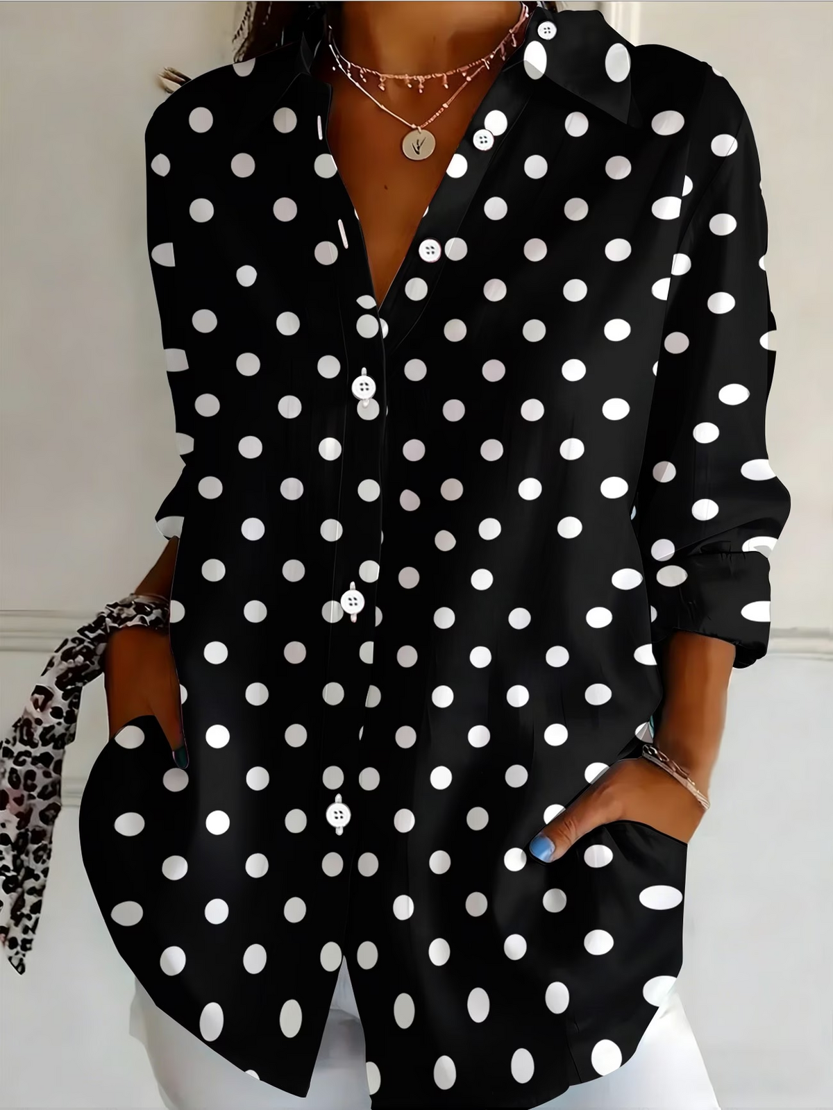 Women Shirt Collar Long Sleeve Polka Dot Loose Button Up Shirt