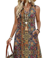 Women V Neck Sleeveless Boho Floral Print Loose A-Line Midi Dress