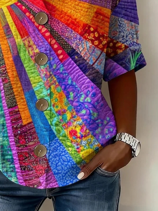 Women Ethnic Abstract Print Stand Collar Long Sleeve Loose Shirt