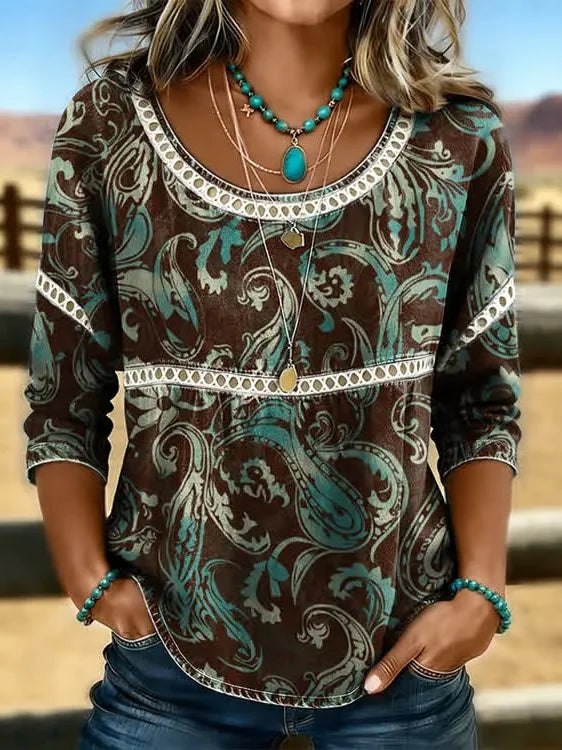 Women Crew Neck Half Sleeve Paisley Print Casual Blouse