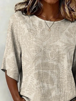 Women Crew Neck Half Sleeve Leaf Print Casual Blouse