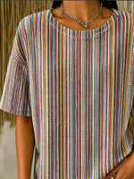 Women Crew Neck Short Sleeve Colorful Striped Casual T-Shirt