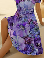 Women V Neck Short Sleeve Purple Floral Midi A-Line Fit & Flare Dress