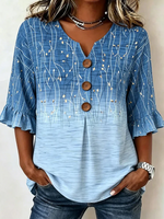 V Neck Half Sleeve Floral Abstract Printing Regular Micro-Elasticity Blouse For Women